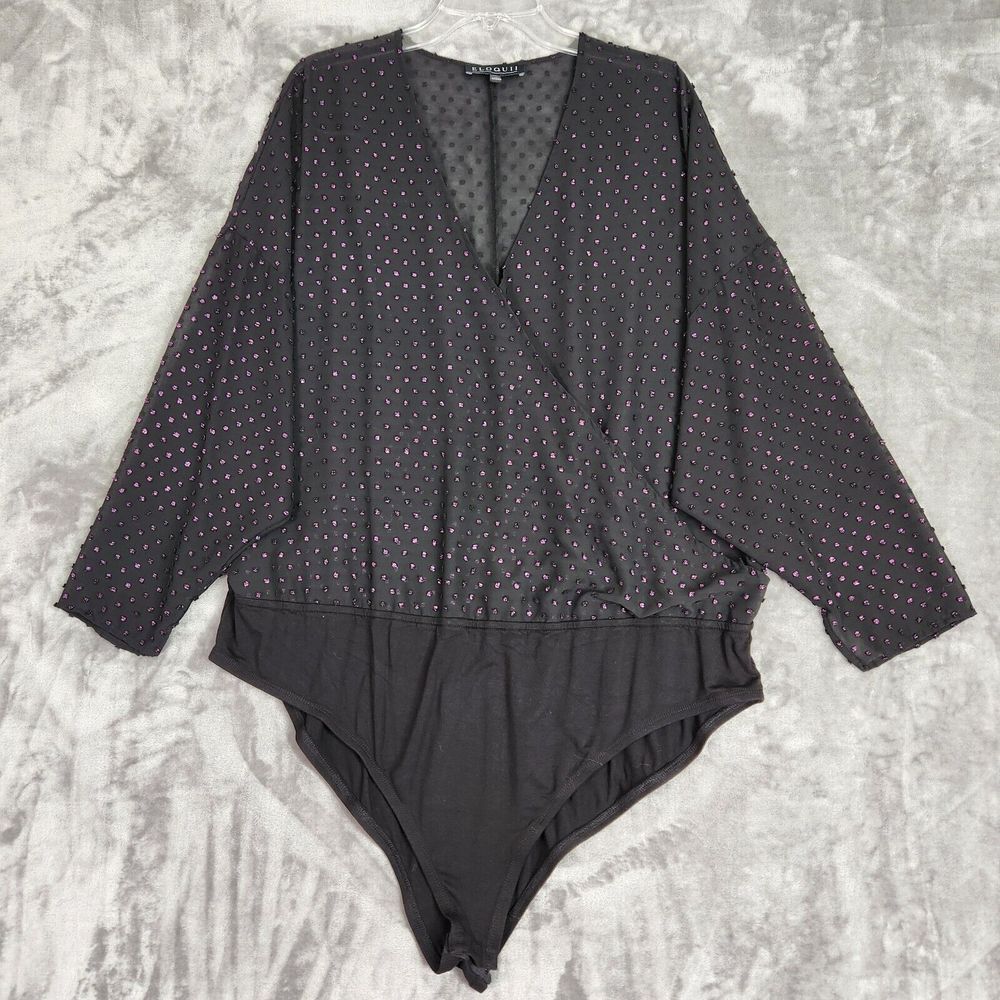 Eloquii Bodysuit Womens Size 20 Black Purple Metallic Polka Dot Sheer Fairy Goth
